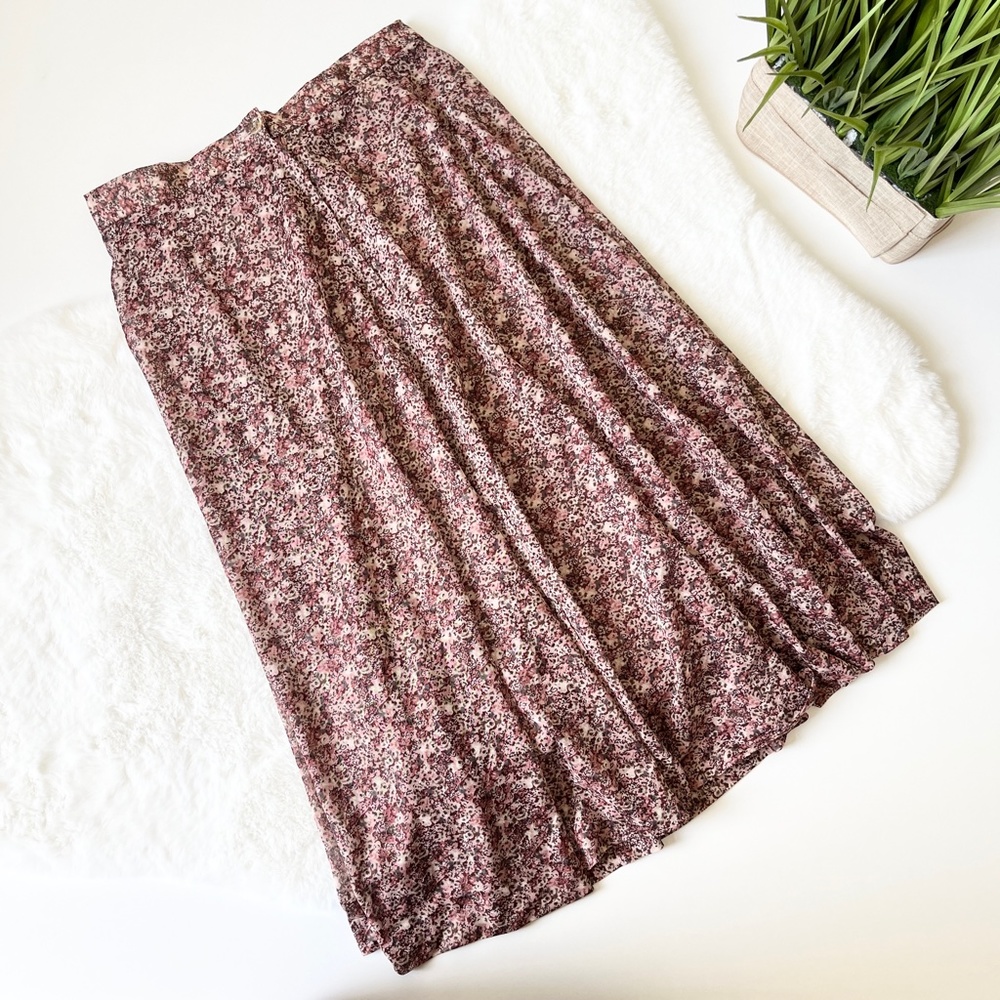 Vintage Ditsy Floral Midi Skirt 90s Boho Skater Pink Burgundy Small - Picture 6 of 8
